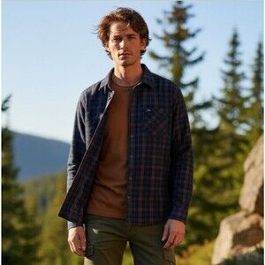 Being Human Mens‎ M Slim Fit Corduroy Navy Plaid Button Down Grunge Hike Outdoor